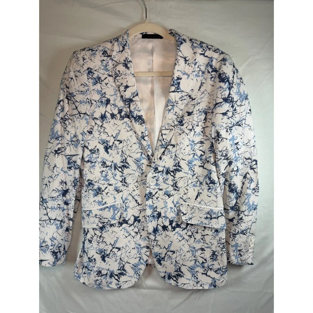 Cielo Mens 36R Blue White Abstract Marble Print Linen Blend Blazer Jacket modern